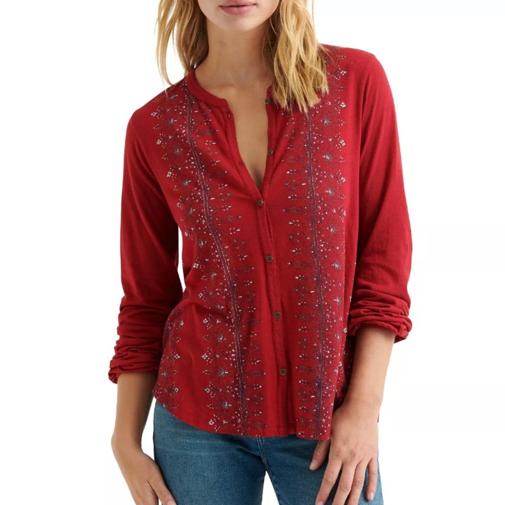 NWT Lucky Brand 2XL Red Mixed Print Button Blouse